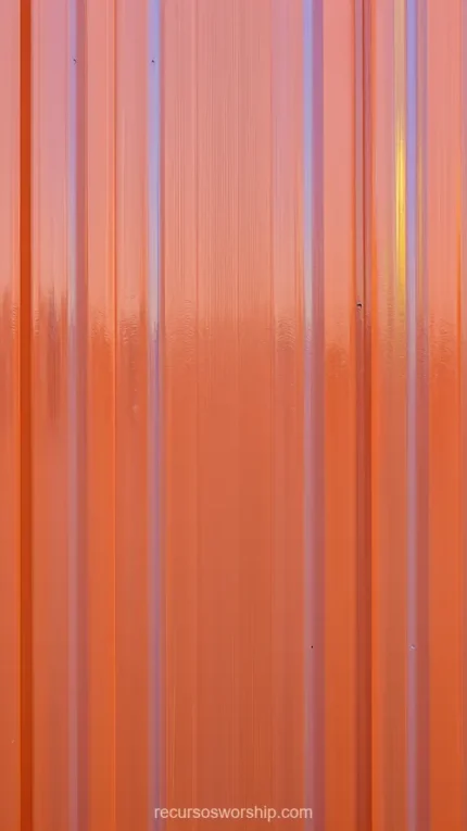 Panel metal acanalado naranja terracota rojo intenso uniforme estrias verticales paralelas brillantes vertical industrial saturado overlay arquitectura