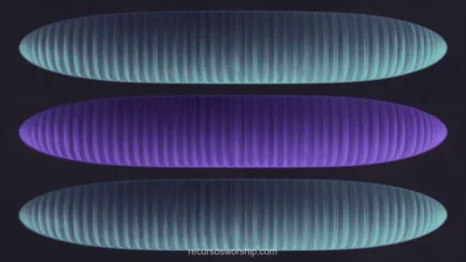 Tres ovalos horizontales estrias acanaladas cian teal brillante morado violeta fondo gris oscuro simetrico horizontal neon flotantes abstracto overlay
