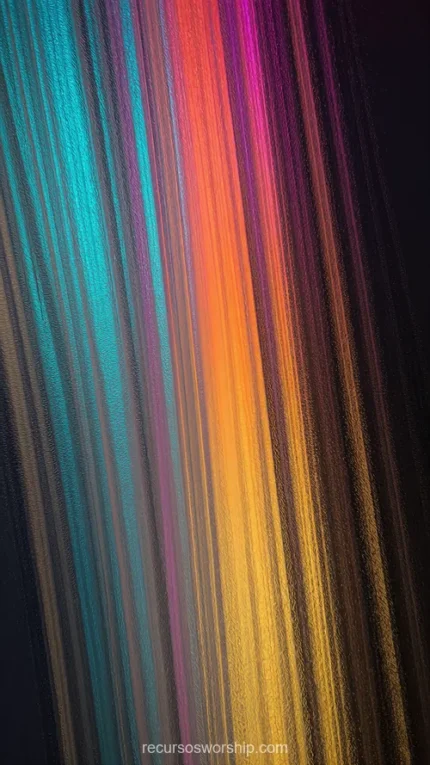 Cortinas luz vertical espectro cian naranja dorado magenta verde fibras luminosas fondo oscuro negro diagonal aurora multicolor overlay LED eventos