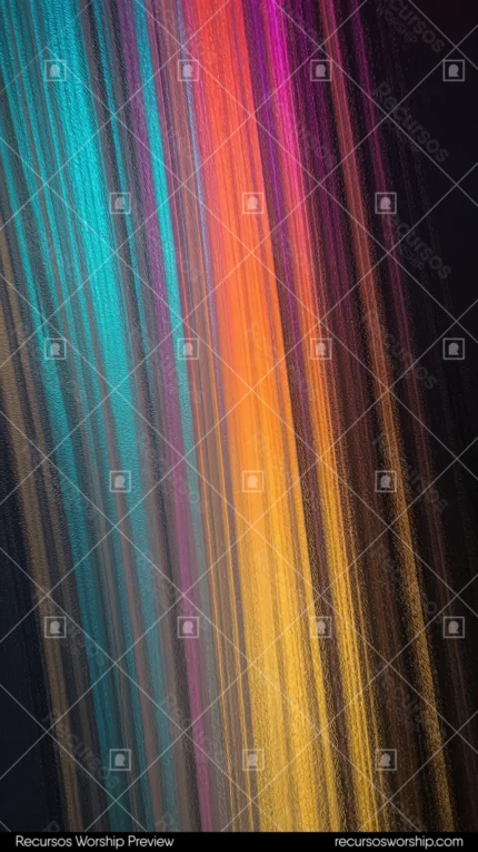 Cortinas luz vertical espectro cian naranja dorado magenta verde fibras luminosas fondo oscuro negro diagonal aurora multicolor overlay LED eventos
