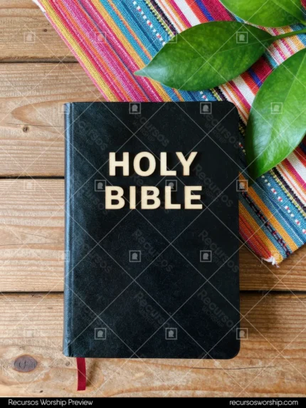 Holy Bible negra con letras doradas sobre madera con tela rayada multicolor y hojas verdes tropicales asomando en esquina vista cenital
