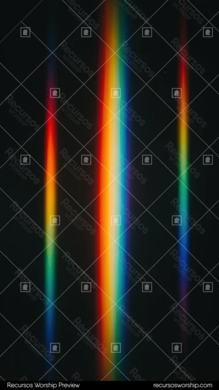 Tres haces luz arcoiris vertical precision espectral rojo naranja amarillo verde azul indigo violeta fondo negro oscuro vertical prisma optico overlay
