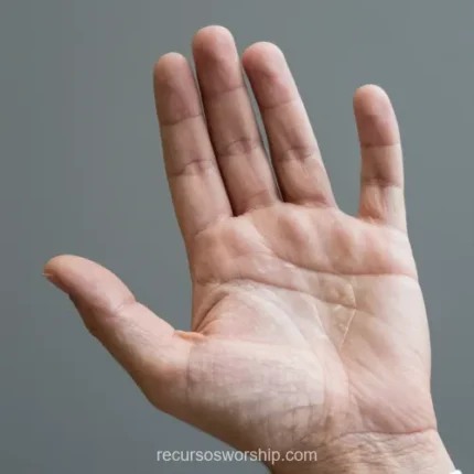 Mano adulta abierta palma senal circular traslucida herida clavo fondo gris neutro cenital directo sobrio cuadrado simbolico contemplativo devocional pasion cristo crucifixion