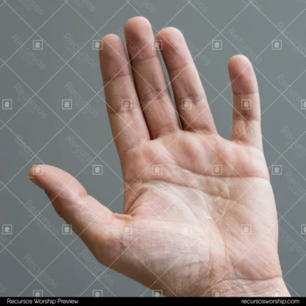 Mano adulta abierta palma senal circular traslucida herida clavo fondo gris neutro cenital directo sobrio cuadrado simbolico contemplativo devocional pasion cristo crucifixion