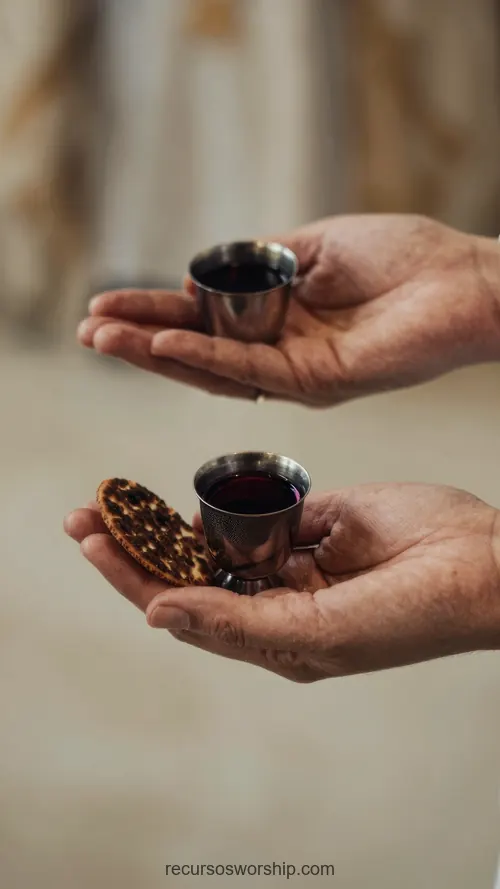 Manos Sosteniendo Copa Vino Tinto Pan Pasas Comunión Fondo Beige Lino Íntimo Devocional Santa Cena Manos adultas sosteniendo copa pequena vino tinto pan pasas comunion plano americano vertical fondo beige suave lino borroso intimo devocional calido santa cena
