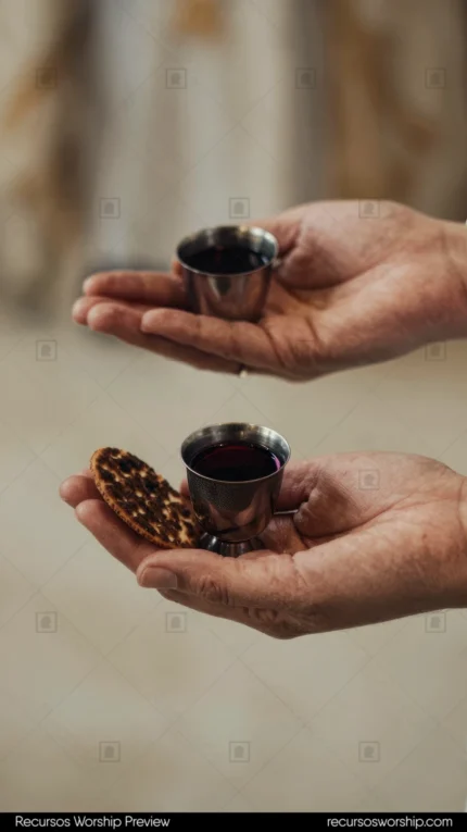 Manos adultas sosteniendo copa pequena vino tinto pan pasas comunion plano americano vertical fondo beige suave lino borroso intimo devocional calido santa cena