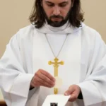 Hombre joven alba liturgica blanca cruz dorada pectoral inclinado oracion caliz liturgico altar iglesia interior blanco suave vertical devocional intimo reverente eucaristia