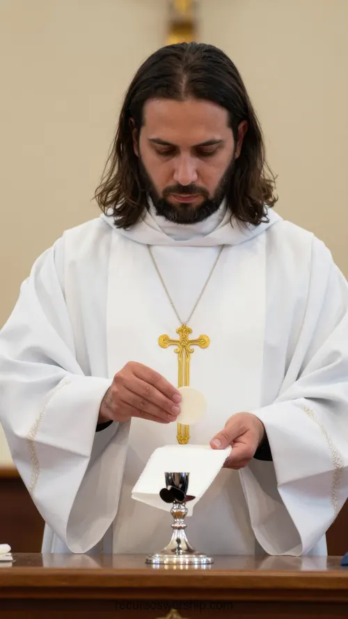 Ministro Joven Alba Blanca Cruz Dorada Inclinado Oración Cáliz Altar Iglesia Interior Devocional Hombre joven alba liturgica blanca cruz dorada pectoral inclinado oracion caliz liturgico altar iglesia interior blanco suave vertical devocional intimo reverente eucaristia