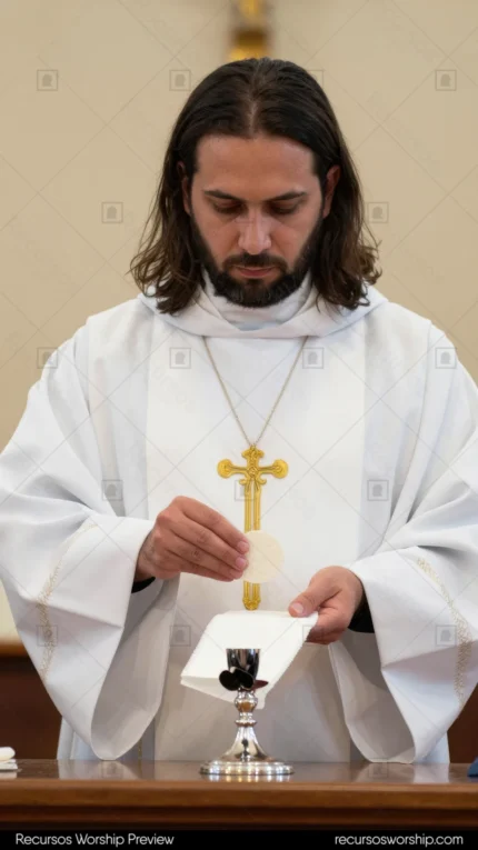 Hombre joven alba liturgica blanca cruz dorada pectoral inclinado oracion caliz liturgico altar iglesia interior blanco suave vertical devocional intimo reverente eucaristia