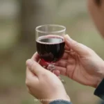 Manos adultas sosteniendo copa cristal transparente vino tinto al aire libre fondo natural verde borroso cuadrado detalle intimo calido comunion natural eucaristia sencilla