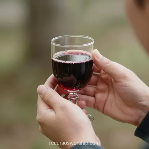 Manos Adultas Copa Cristal Transparente Vino Tinto Al Aire Libre Fondo Verde Natural Comunión Manos adultas sosteniendo copa cristal transparente vino tinto al aire libre fondo natural verde borroso cuadrado detalle intimo calido comunion natural eucaristia sencilla