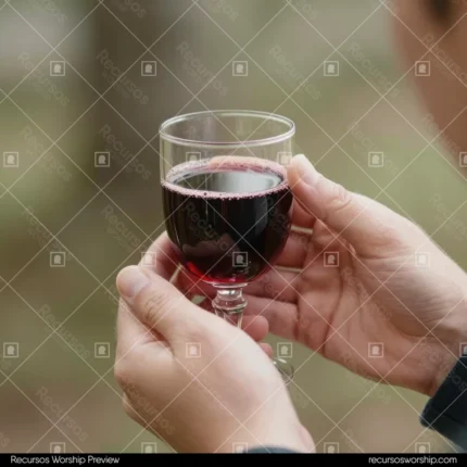 Manos adultas sosteniendo copa cristal transparente vino tinto al aire libre fondo natural verde borroso cuadrado detalle intimo calido comunion natural eucaristia sencilla
