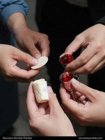Varias manos adultas sosteniendo grupo oblea redonda blanca pan cortado copas pequenas vino rojo cenital intimo comunion comunitaria simultanea compartida colectiva santa cena