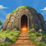 Ilustracion digital animacion infantil colorida tumba piedra redondeada colina verde puerta abierta interior naranja calido camino piedras cruz madera cielo azul nubes horizontal