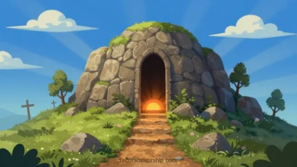 Ilustracion digital animacion infantil colorida tumba piedra redondeada colina verde puerta abierta interior naranja calido camino piedras cruz madera cielo azul nubes horizontal