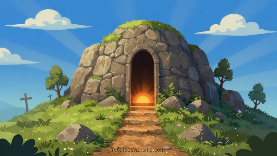 Ilustración Animación Infantil Tumba Piedra Abierta Colina Verde Interior Naranja Pascua Ilustracion digital animacion infantil colorida tumba piedra redondeada colina verde puerta abierta interior naranja calido camino piedras cruz madera cielo azul nubes horizontal