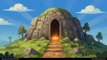 Ilustracion digital animacion infantil colorida tumba piedra redondeada colina verde puerta abierta interior naranja calido camino piedras cruz madera cielo azul nubes horizontal
