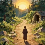 Ilustracion animacion figura masculina espaldas sendero tierra sol radiante horizonte cruces colina tumba piedra abierta arboles cielo azul horizontal narrativa pascual