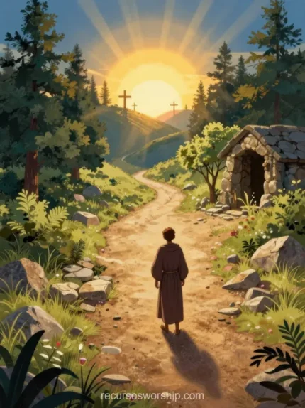 Ilustracion animacion figura masculina espaldas sendero tierra sol radiante horizonte cruces colina tumba piedra abierta arboles cielo azul horizontal narrativa pascual