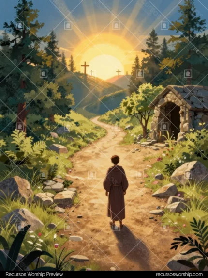 Ilustracion animacion figura masculina espaldas sendero tierra sol radiante horizonte cruces colina tumba piedra abierta arboles cielo azul horizontal narrativa pascual