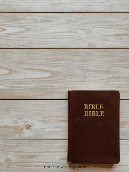 Biblia Marrón Rojizo sobre Madera Gris con Espacio Editorial Biblia de cuero marrón rojizo con letras doradas en esquina inferior derecha sobre tablones de madera gris pintada con espacio negativo cenital