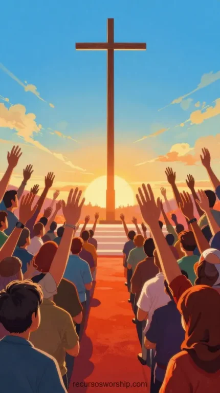 Ilustracion animacion multitud diversa espaldas brazos alzados gran cruz central sol dorado radiante atardecer escaleras cielo azul vibrante nubes doradas vertical proclamacion colectiva pascua