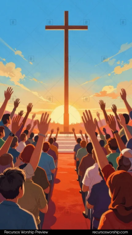 Ilustracion animacion multitud diversa espaldas brazos alzados gran cruz central sol dorado radiante atardecer escaleras cielo azul vibrante nubes doradas vertical proclamacion colectiva pascua