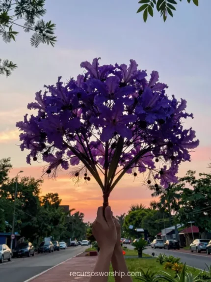 Mano sosteniendo arbol flores moradas jacaranda cielo atardecer naranja rosa vibrante arboles verdes calle fondo vertical dramatico evocador poetico nueva vida primaveral pascua