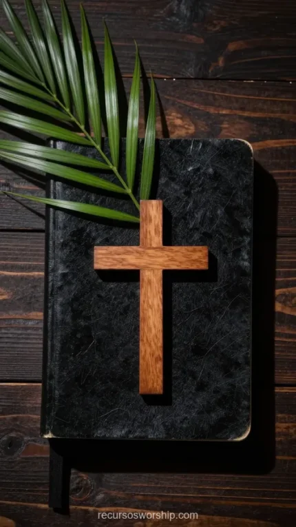 Biblia negra texturizada con cruz de madera oscura vertical y hoja de palma verde sobre tablones madera oscura vista cenital formato móvil