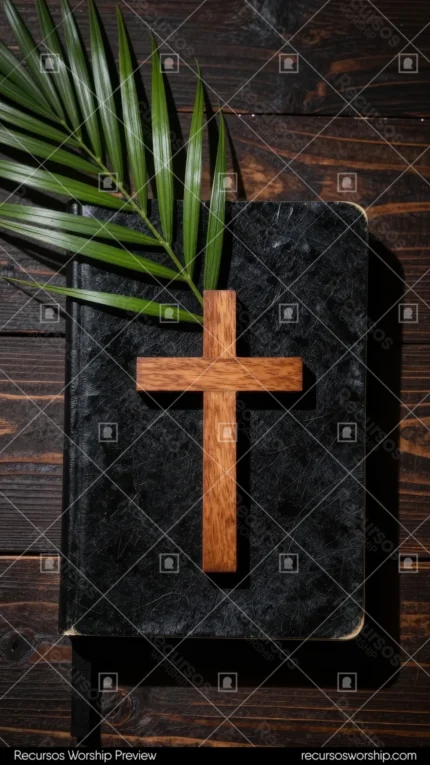 Biblia negra texturizada con cruz de madera oscura vertical y hoja de palma verde sobre tablones madera oscura vista cenital formato móvil