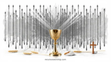 Copa dorada comunion rayos luz grises ascendentes haz fondo blanco espigas trigo lados cruz madera pequena horizontal simbólico dramatico eucaristia luz divina santa cena