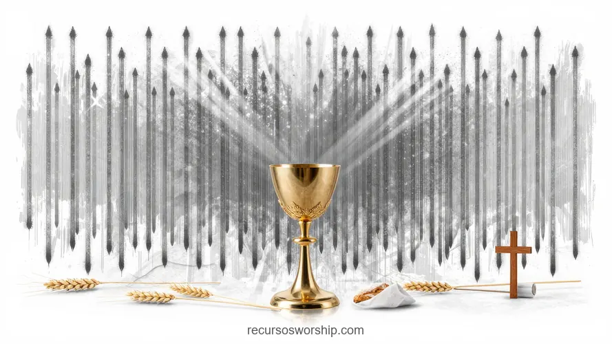 Copa Dorada Comunión Rayos Luz Grises Ascendentes Espigas Trigo Cruz Madera Fondo Blanco Eucaristía Copa dorada comunion rayos luz grises ascendentes haz fondo blanco espigas trigo lados cruz madera pequena horizontal simbólico dramatico eucaristia luz divina santa cena