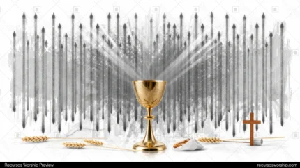 Copa dorada comunion rayos luz grises ascendentes haz fondo blanco espigas trigo lados cruz madera pequena horizontal simbólico dramatico eucaristia luz divina santa cena