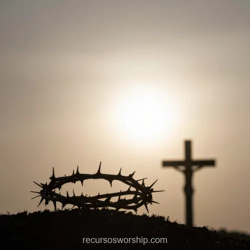 Corona de Espinas y Cruz en Silueta Doble Símbolo Pasión Silueta de corona de espinas en primer plano en colina con silueta de cruz y figura crucificada al fondo bajo cielo gris amarillento sol difuso