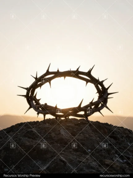 Corona de espinas en silueta oscura prominente sobre roca con horizonte de tierra árida y cielo dorado pálido vertical formato móvil