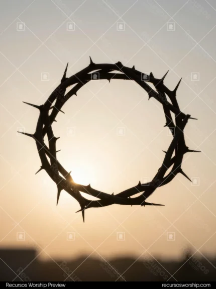 Corona de espinas silueta oscura suspendida con sol blanco brillante exactamente centrado en apertura sobre cielo durazno y beige suave vertical