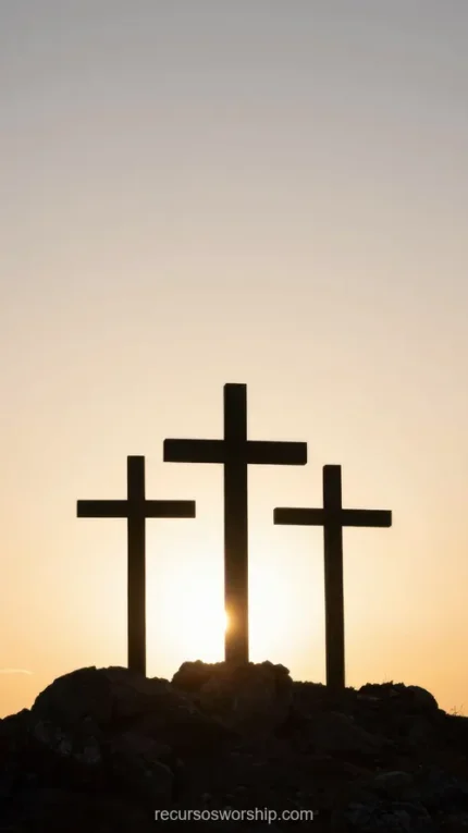 Tres cruces en silueta oscura sobre colina rocosa con sol detrás de la cruz central en cielo de atardecer dorado naranja pálido vertical