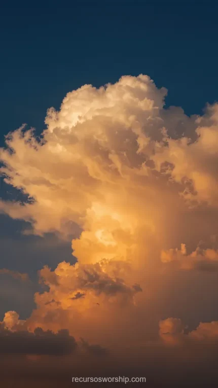 Nube cumulonimbus gran volumen iluminada dorado naranja intenso sol atardecer cielo azul oscuro vertical dramatica majestuosa natural overlay
