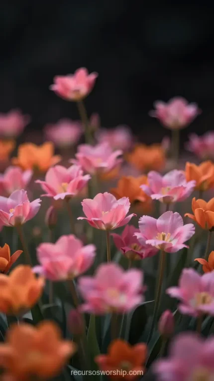 Campo tulipanes rosa naranja bokeh suave fondo oscuro negro vertical plano general floral profundidad campo primaveral natural overlay suave