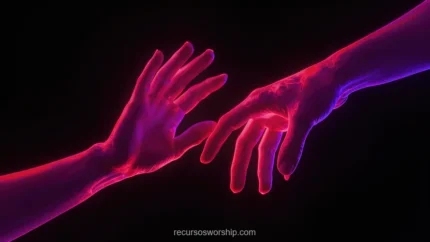 Dos manos rojo magenta azul morado neon casi tocandose fondo negro horizontal cinematografico dramatico conexion humana overlay arte