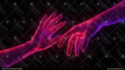 Dos manos rojo magenta azul morado neon casi tocandose fondo negro horizontal cinematografico dramatico conexion humana overlay arte
