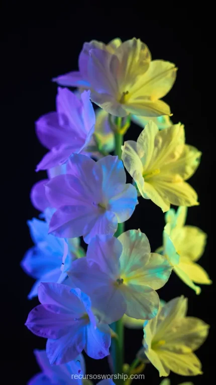 Flores racimo azul morado cian amarillo verde neon UV ultravioleta fondo negro vertical plano detalle floral luminoso overlay arte