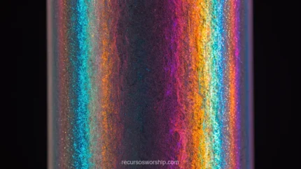 Columna central holografica iridiscente franjas verticales cian naranja morado amarillo fondo negro vertical shimmer espectral overlay lujo moda