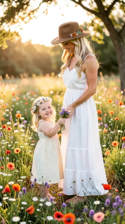 Madre rubia sombrero marron vestido blanco largo mirando hija pequeña corona flores silvestres ofreciendo ramo campo flores multicolor hora dorada exterior vertical