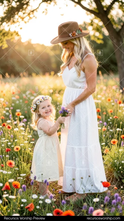 Madre rubia sombrero marron vestido blanco largo mirando hija pequeña corona flores silvestres ofreciendo ramo campo flores multicolor hora dorada exterior vertical