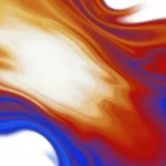 Ondas fluidas marmol liquido naranja rojo blanco acento azul electrico vertical abstracto alta saturacion energetico cálida fria overlay