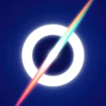 Aro circular blanco luminoso rayo espectral diagonal arcoiris centro fondo azul indigo intenso cuadrado detalle geometrico luminoso eclipse cosmico portal luz textura diseno
