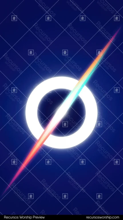Aro circular blanco luminoso rayo espectral diagonal arcoiris centro fondo azul indigo intenso cuadrado detalle geometrico luminoso eclipse cosmico portal luz textura diseno