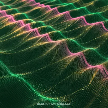 Malla tridimensional ondas verde oscuro crestas acento rosa amarillo dorado vista perspectiva cuadrado detalle tecnico futurista topografia digital diseno textura fondo