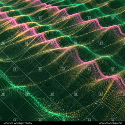 Malla tridimensional ondas verde oscuro crestas acento rosa amarillo dorado vista perspectiva cuadrado detalle tecnico futurista topografia digital diseno textura fondo